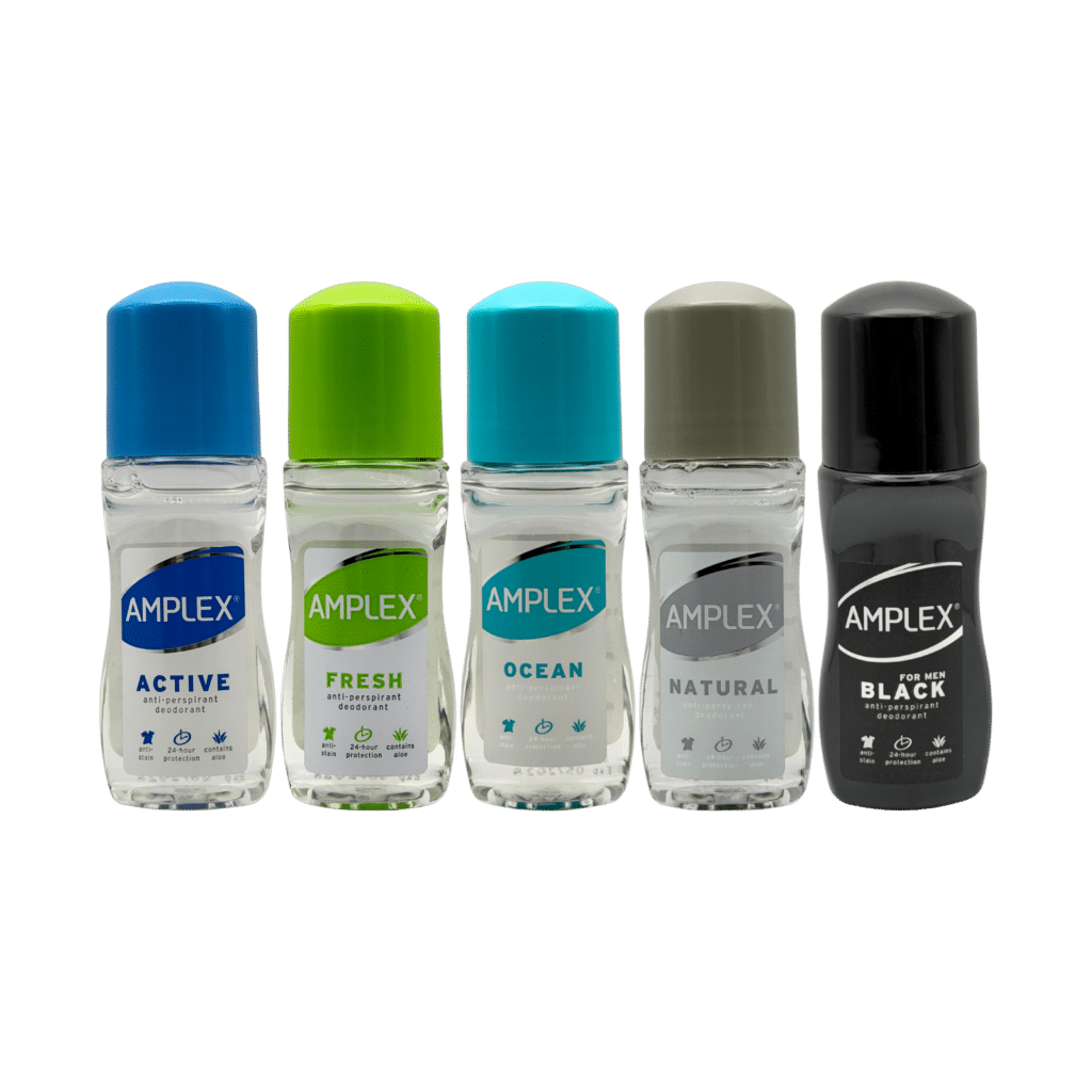 Amplex anti perspirant roll on deodorant 50ml full range front view