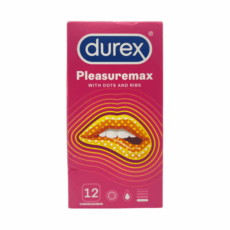 Durex Pleasure Me condoms 12 pack box front with ribbed and dotted design