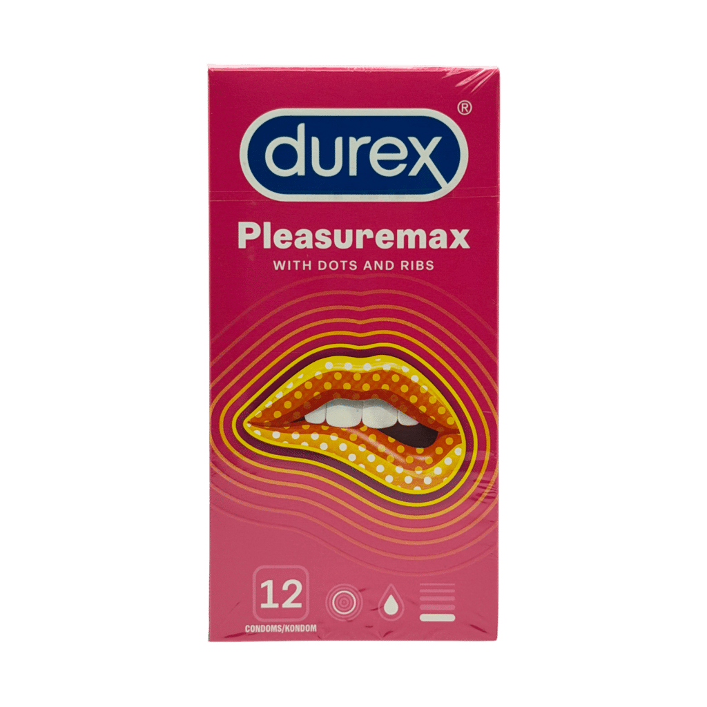 Durex Pleasure Me condoms 12 pack box front with ribbed and dotted design