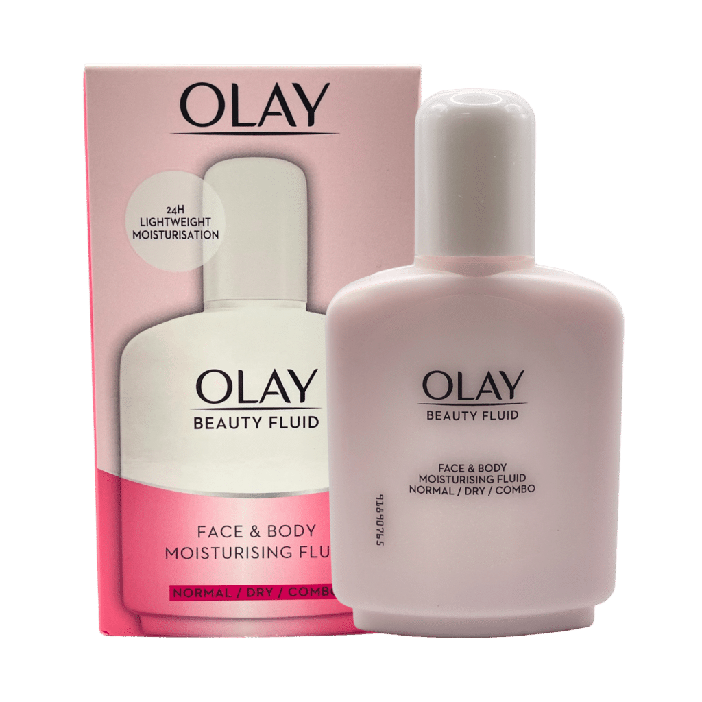 Olay beauty fluid moisturiser box and bottle front view