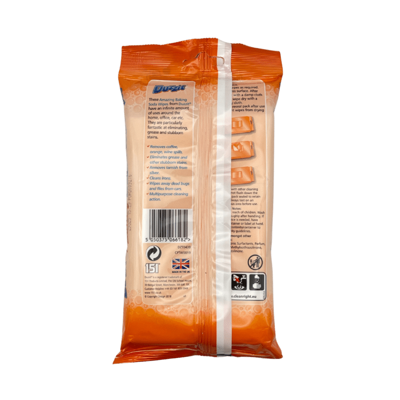 Duzzit amazing baking soda wipes back label