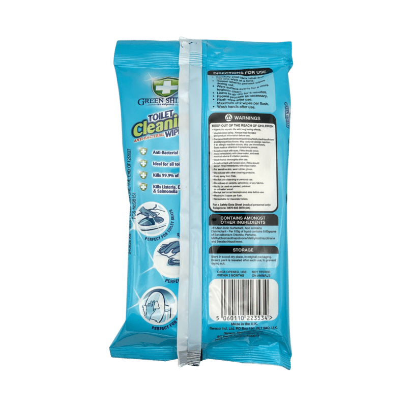 Green shield toilet cleaning anti-bacterial flushable 40 wipes back label