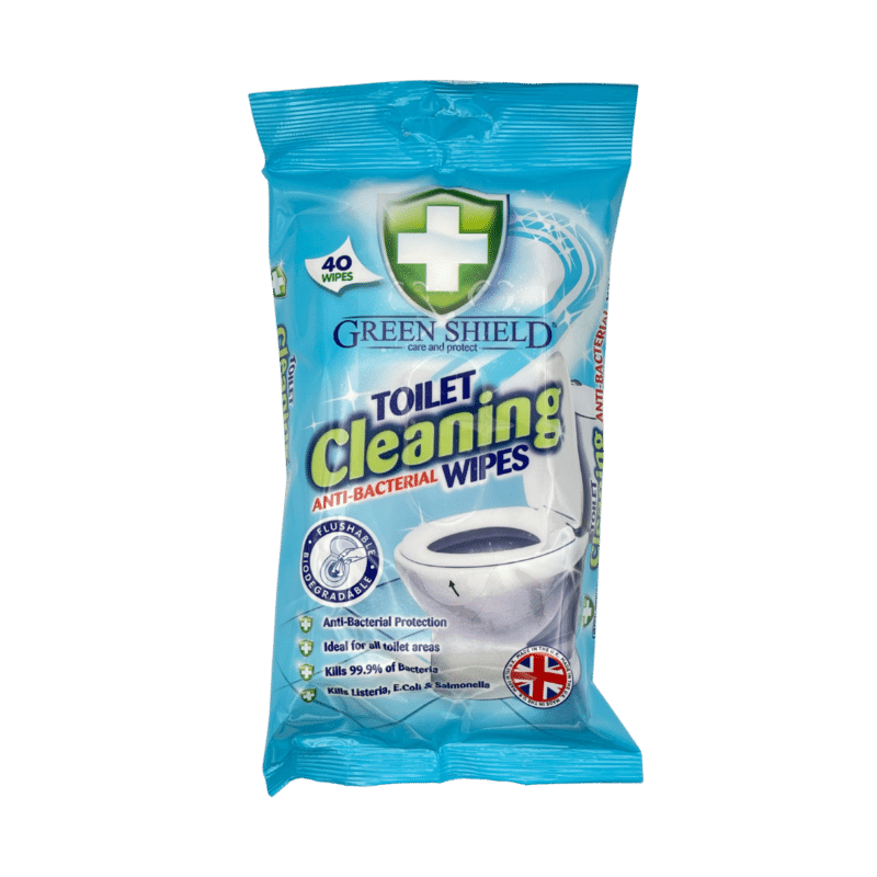 Green shield toilet cleaning anti-bacterial flushable 40 wipes front view
