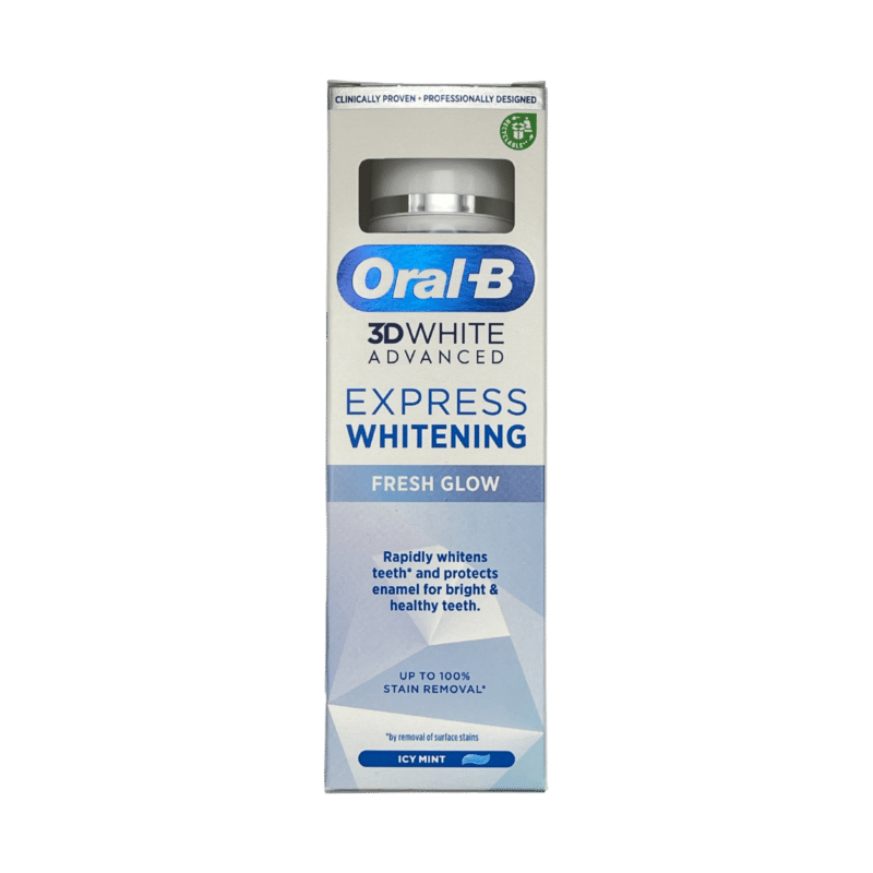 Oral-B 3d white advanced express whitening fresh glow toothpaste 75ml box front vertical