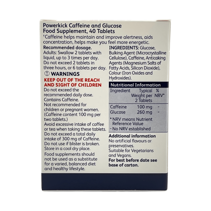Power kick caffeine & glucose tablets x40 back label