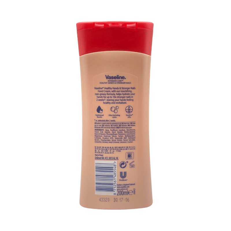 Vaseline intensive care healthy hands stronger nails hand cream back label