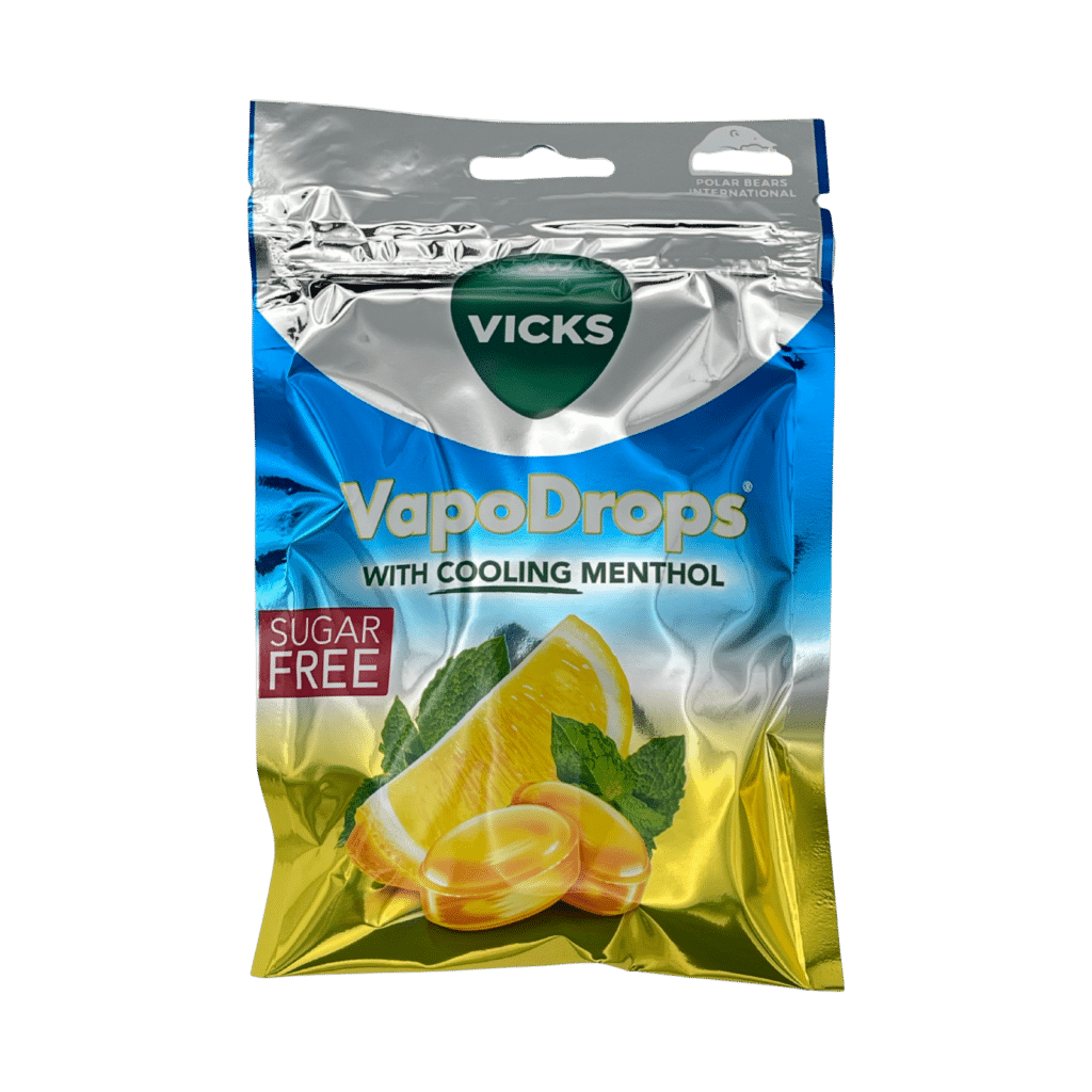 Vicks vapodrops sugar-free lemon and menthol lozenges front view