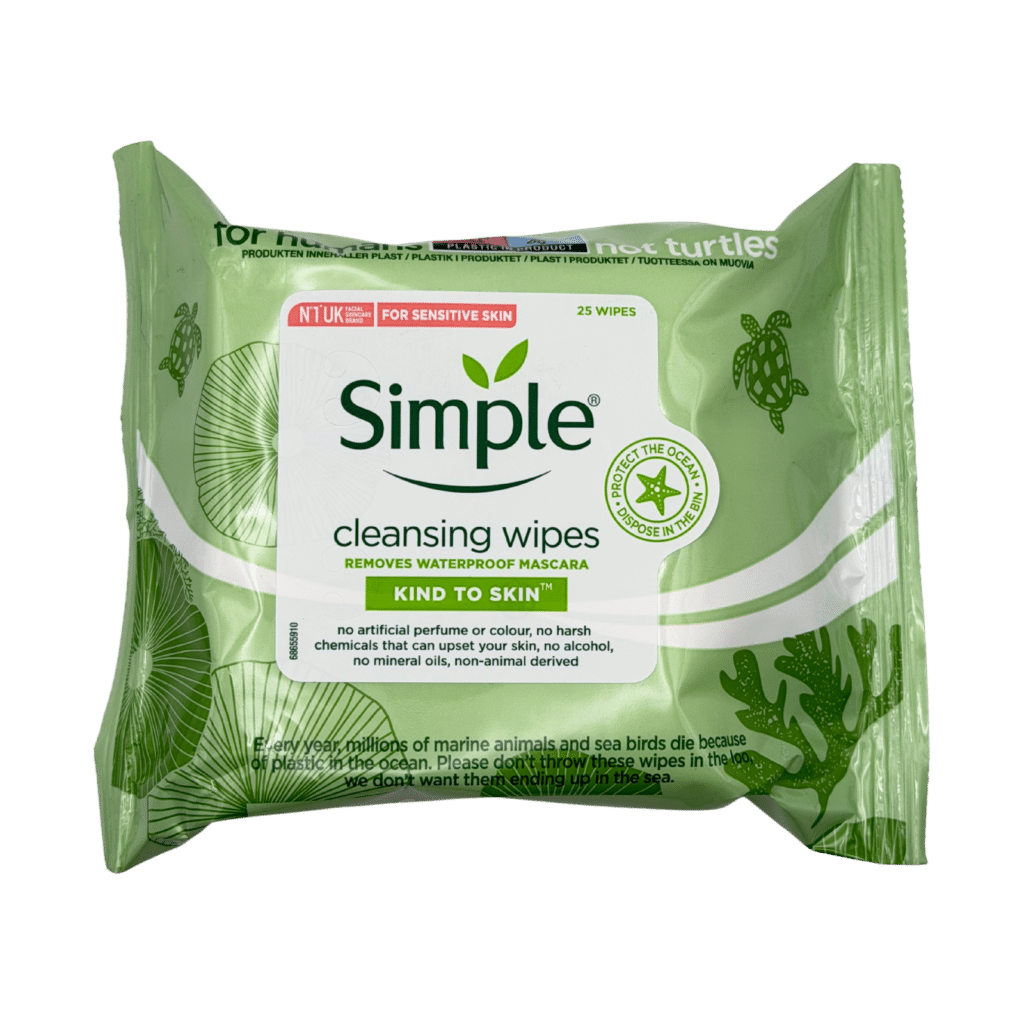 Simple kind to skin cleansing wipes for sensitive skin 25 wipes front view