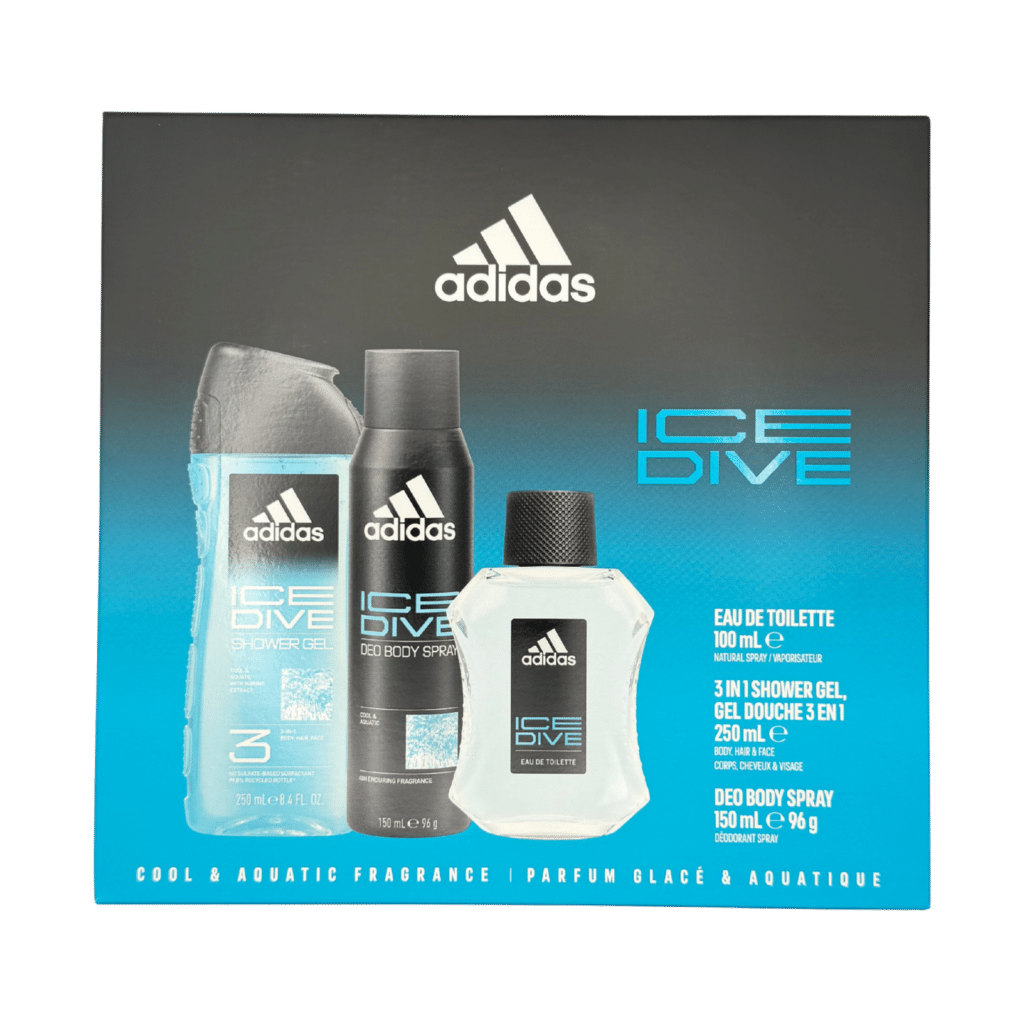Adidas Ice Dive Men's Gift Set box front showing 100ml EDT, 250ml shower gel and 150ml deodorant spray