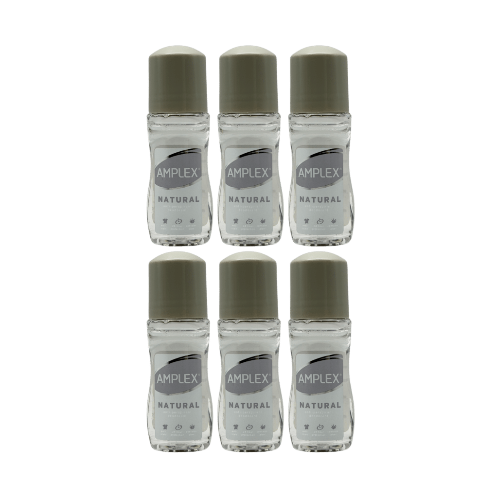 Amplex natural anti perspirant roll on deodorant 50ml 6 pack front view