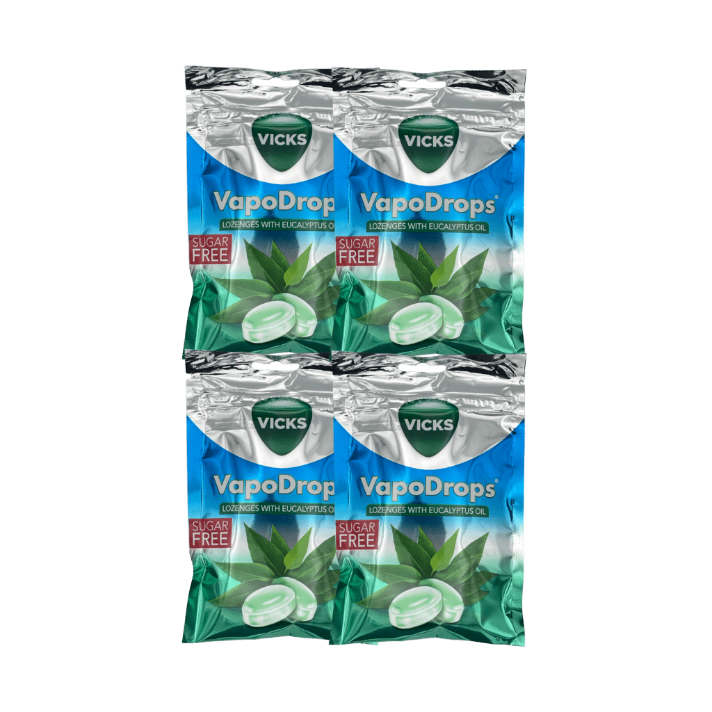 Vicks vapodrops sugar-free eucalyptus lozenges 4 pack front view