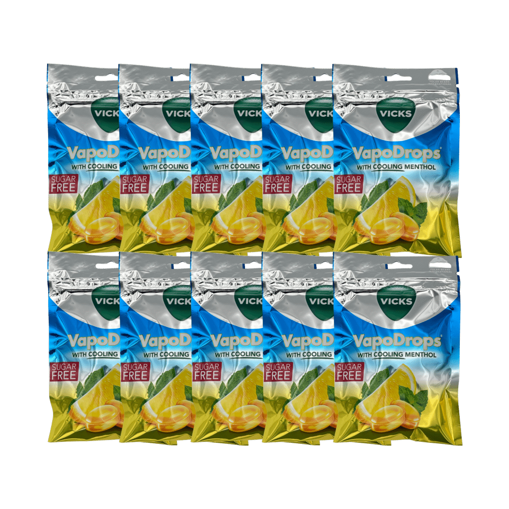 Vicks vapodrops sugar-free lemon and menthol lozenges 10 pack front view