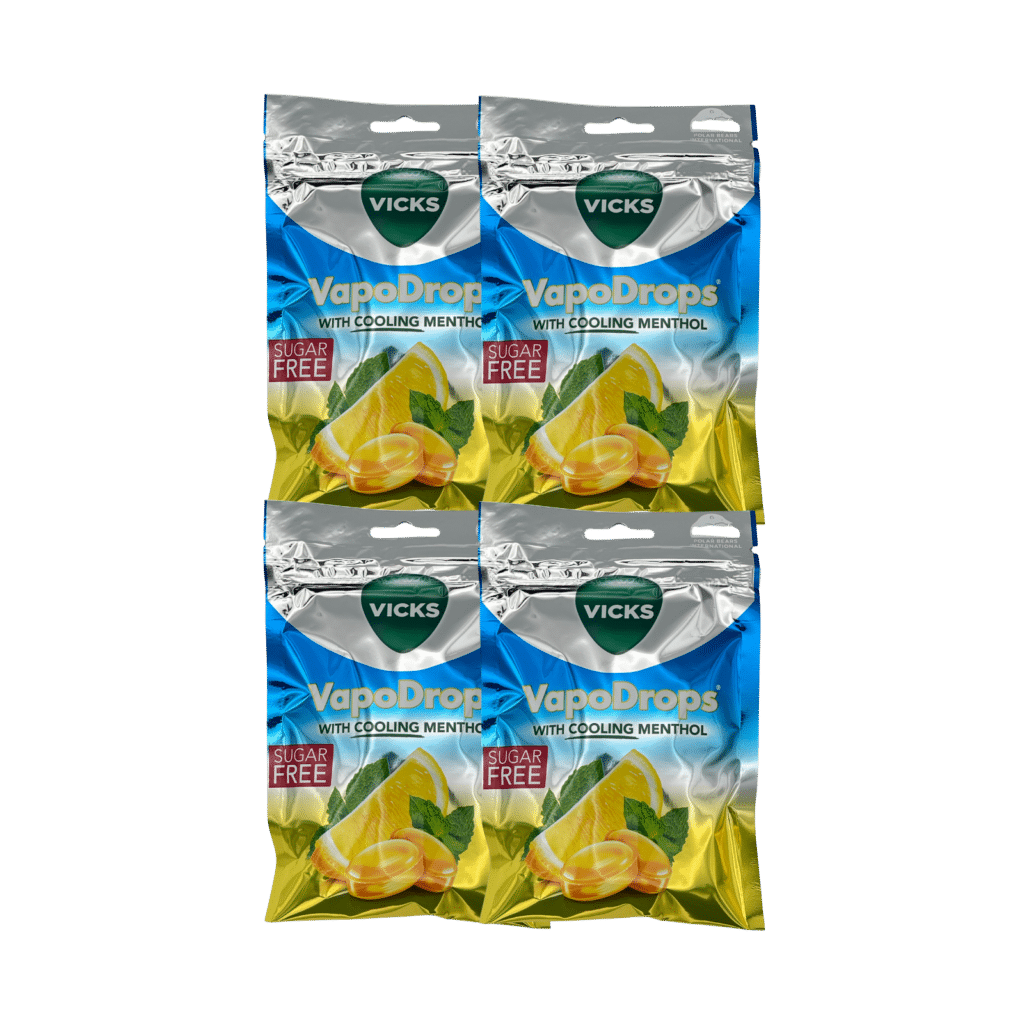 Vicks vapodrops sugar-free lemon and menthol lozenges 4 pack front view