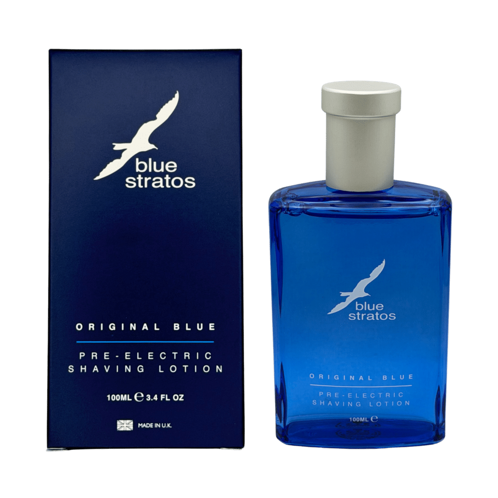 Blue Stratos pre electric shaving lotion 100ml front box and bottle view