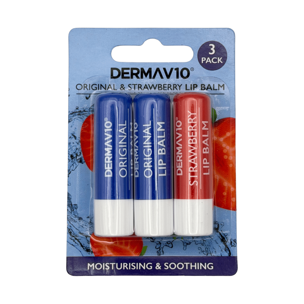 DermaV10 original strawberry lip balm 3 pack front view