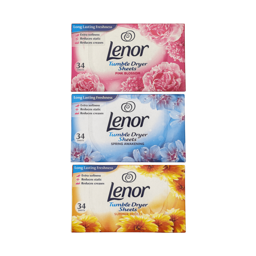 lenor tumble dryer sheets 34 sheets assorted scents front view