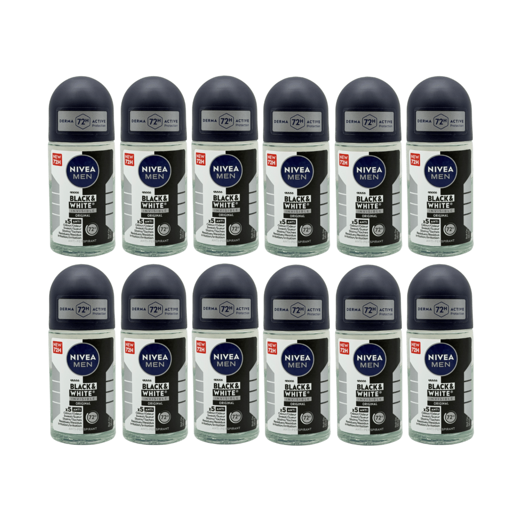NIVEA MEN Black & White Invisible Original 72H Anti-Perspirant Roll On 50ml - 12 Pack
