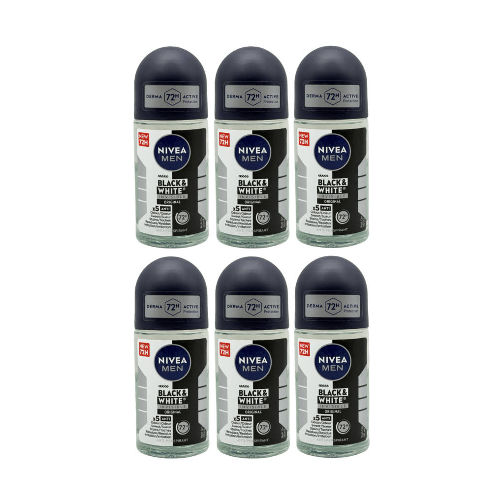 NIVEA MEN Black & White Invisible Original 72H Anti-Perspirant Roll On 50ml - 6 Pack