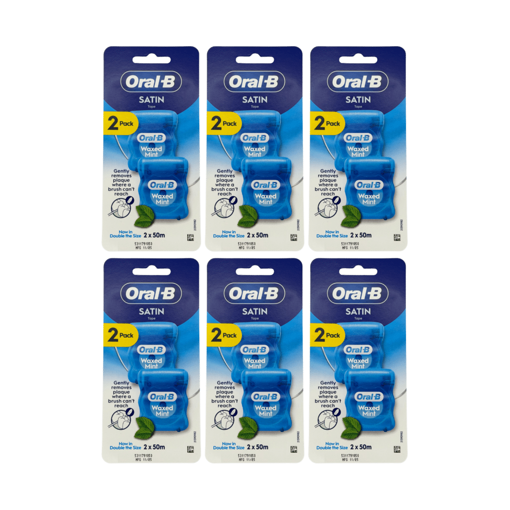 Oral-B Satin Tape Dental Floss Waxed Mint 12 x 50m - 6 Twin Packs (600m Total)
