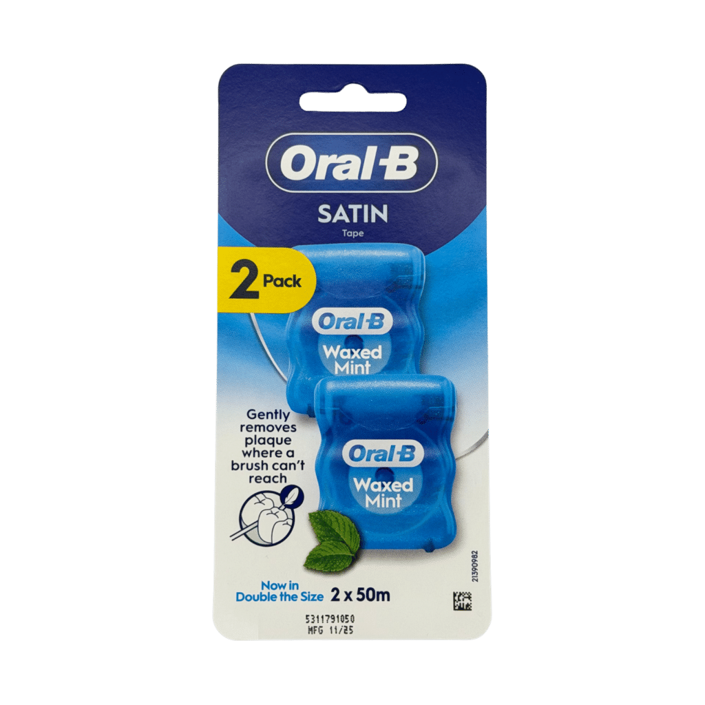 Oral-B satin tape dental floss waxed mint 2 x 50m front view