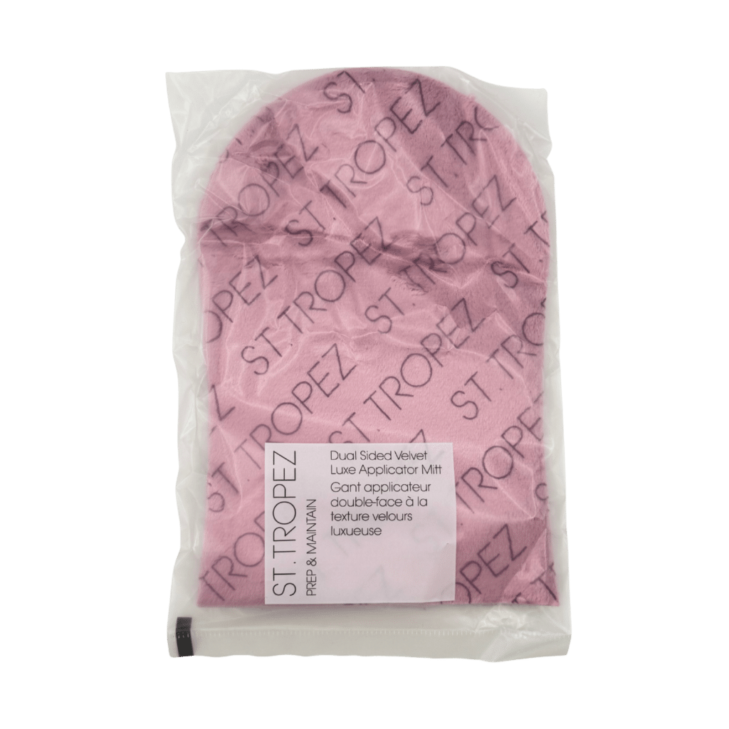 St.Tropez pink dual sided velvet luxe self tan applicator mitt front view
