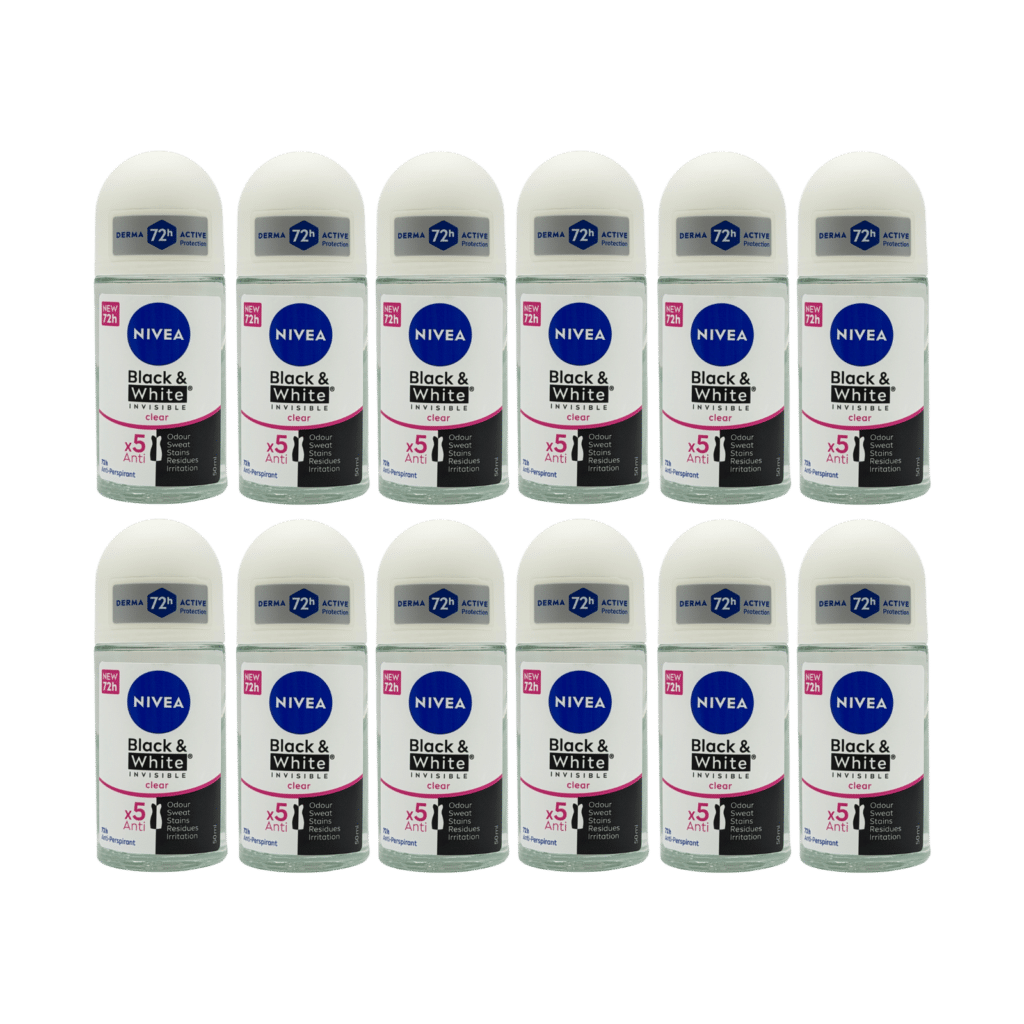 NIVEA Black & White Invisible Clear 72H Anti-Perspirant Roll-On 50ml - 12 Pack