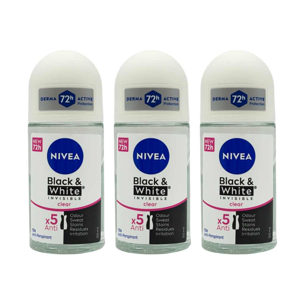 NIVEA Black & White Invisible Clear 72H Anti-Perspirant Roll-On 50ml - 3 Pack
