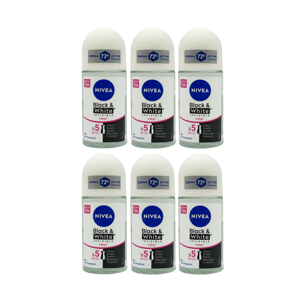 NIVEA Black & White Invisible Clear 72H Anti-Perspirant Roll-On 50ml - 6 Pack