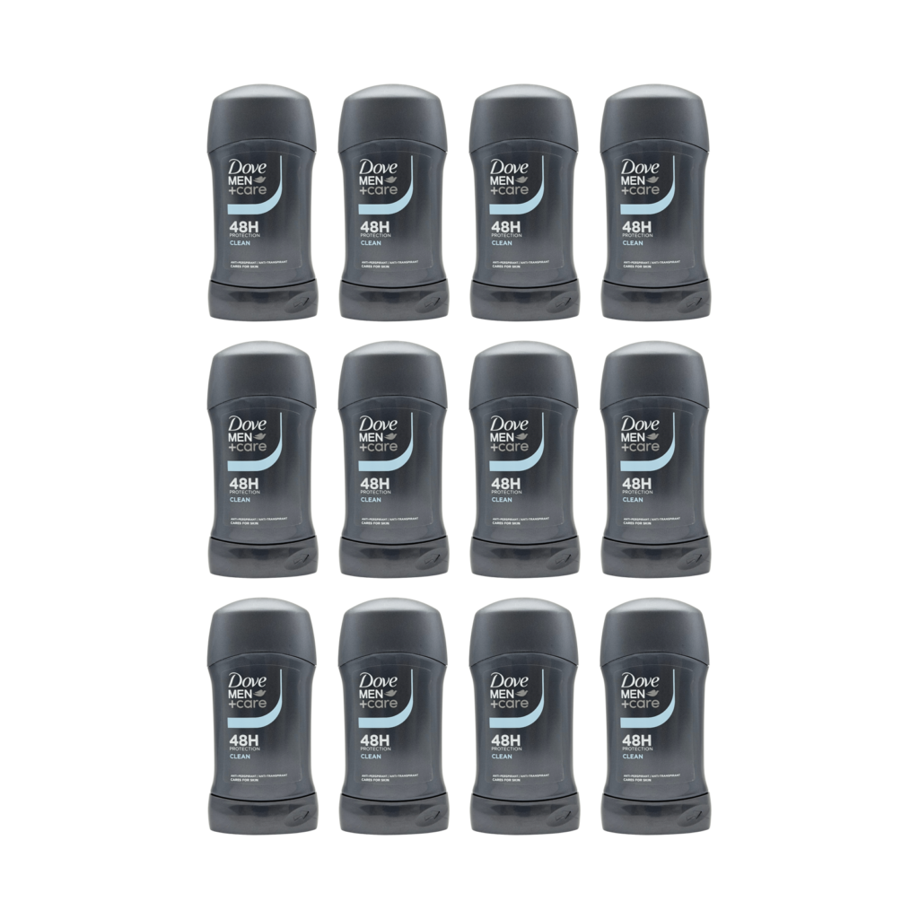 Dove Men+Care clean 48H anti-perspirant stick 50ml 12 pack front view