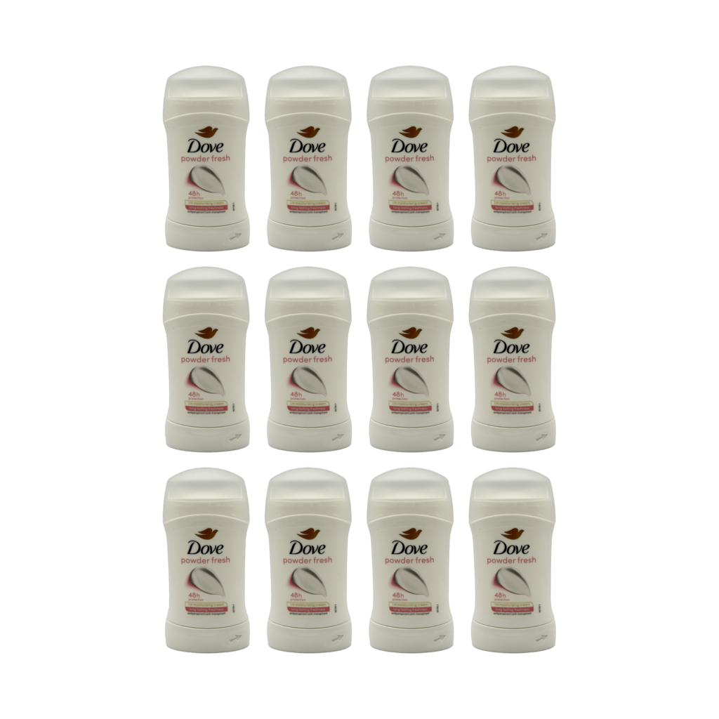 Dove powder fresh 48H anti-perspirant stick 50ml 12 pack front view
