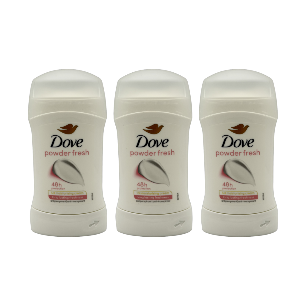 Dove powder fresh 48H anti-perspirant stick 50ml 3 pack front view