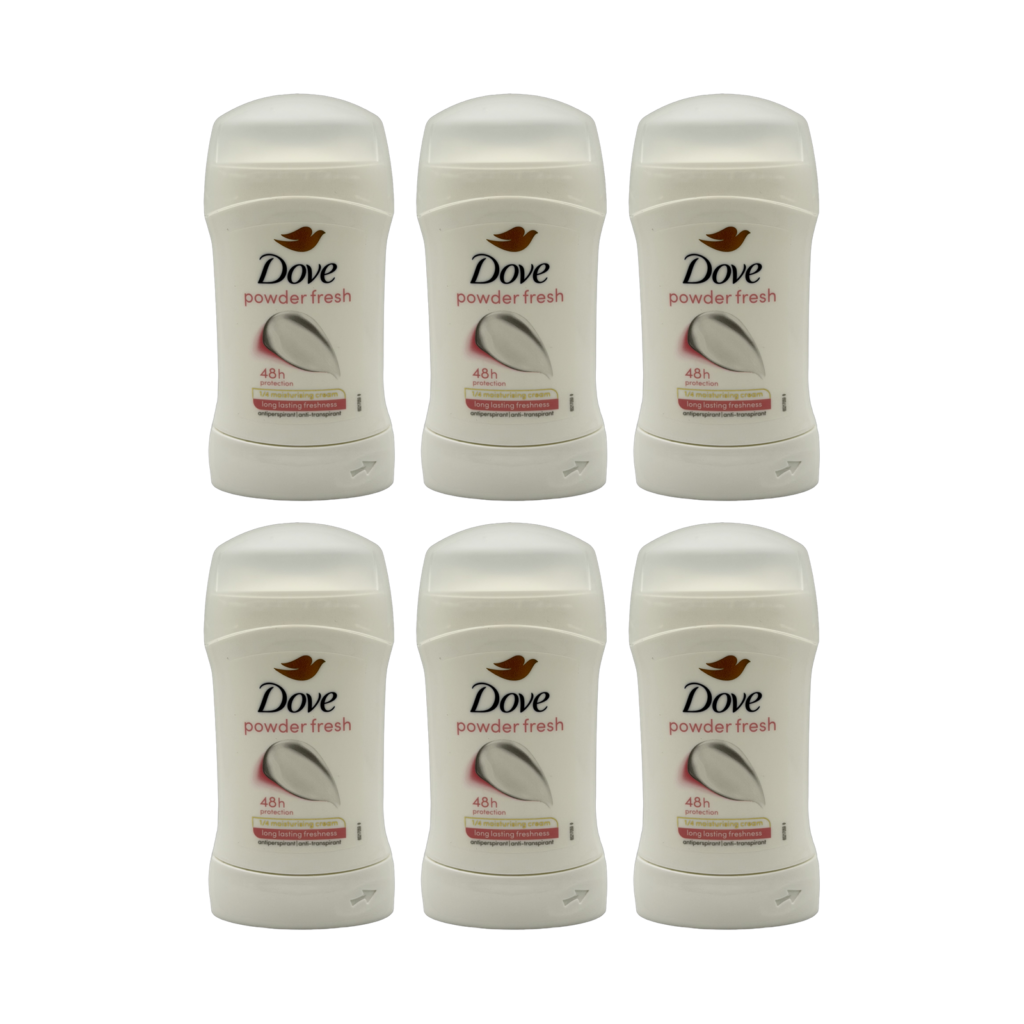 Dove powder fresh 48H anti-perspirant stick 50ml 6 pack front view