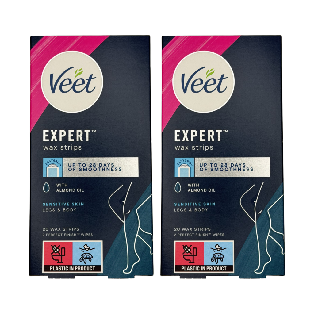 Veet expert wax strips legs & body sensitive skin 20 strips 2 pack front view