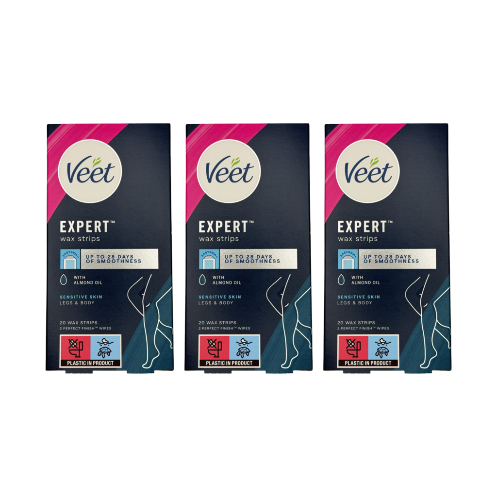 Veet expert wax strips legs & body sensitive skin 20 strips 3 pack front view