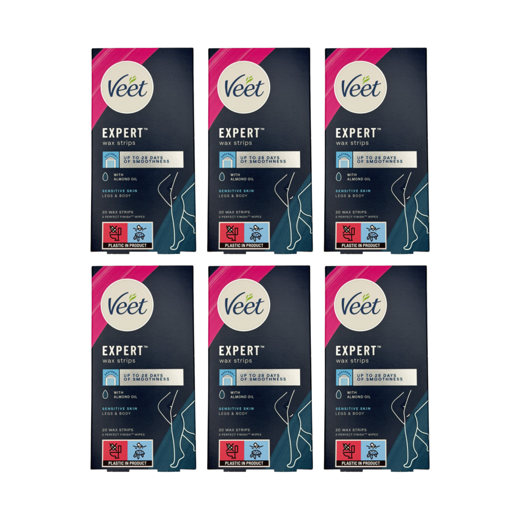 Veet expert wax strips legs & body sensitive skin 20 strips 6 pack front view